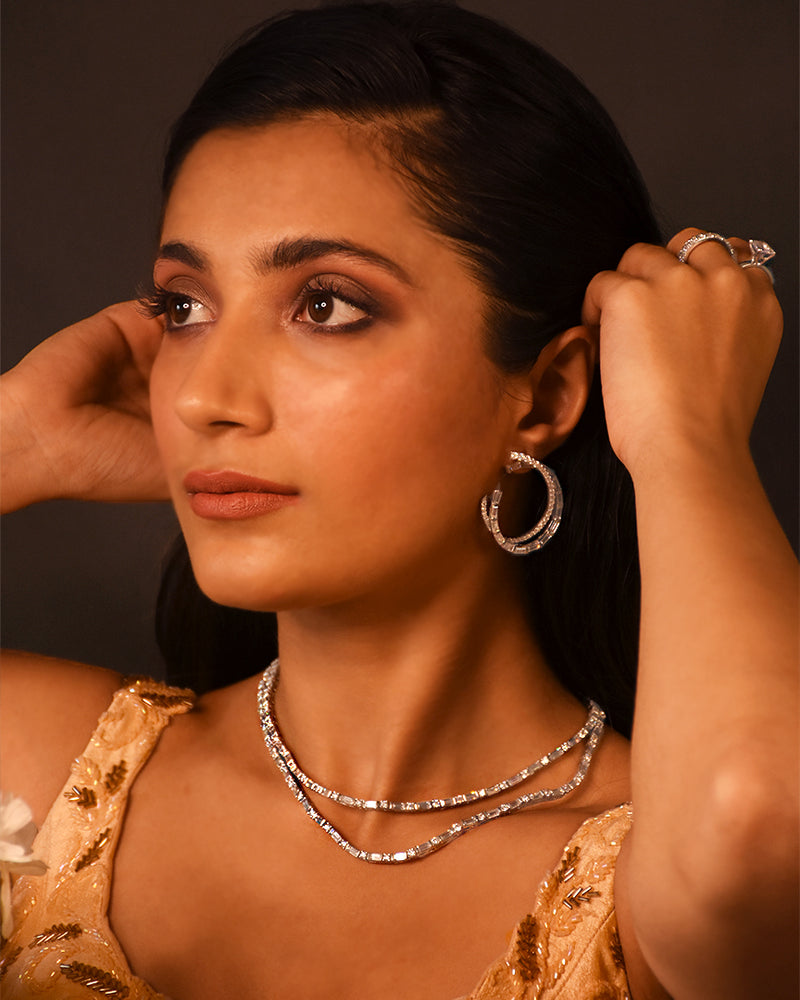 Emerald Cut and Circle Stone Overlapped Earrings